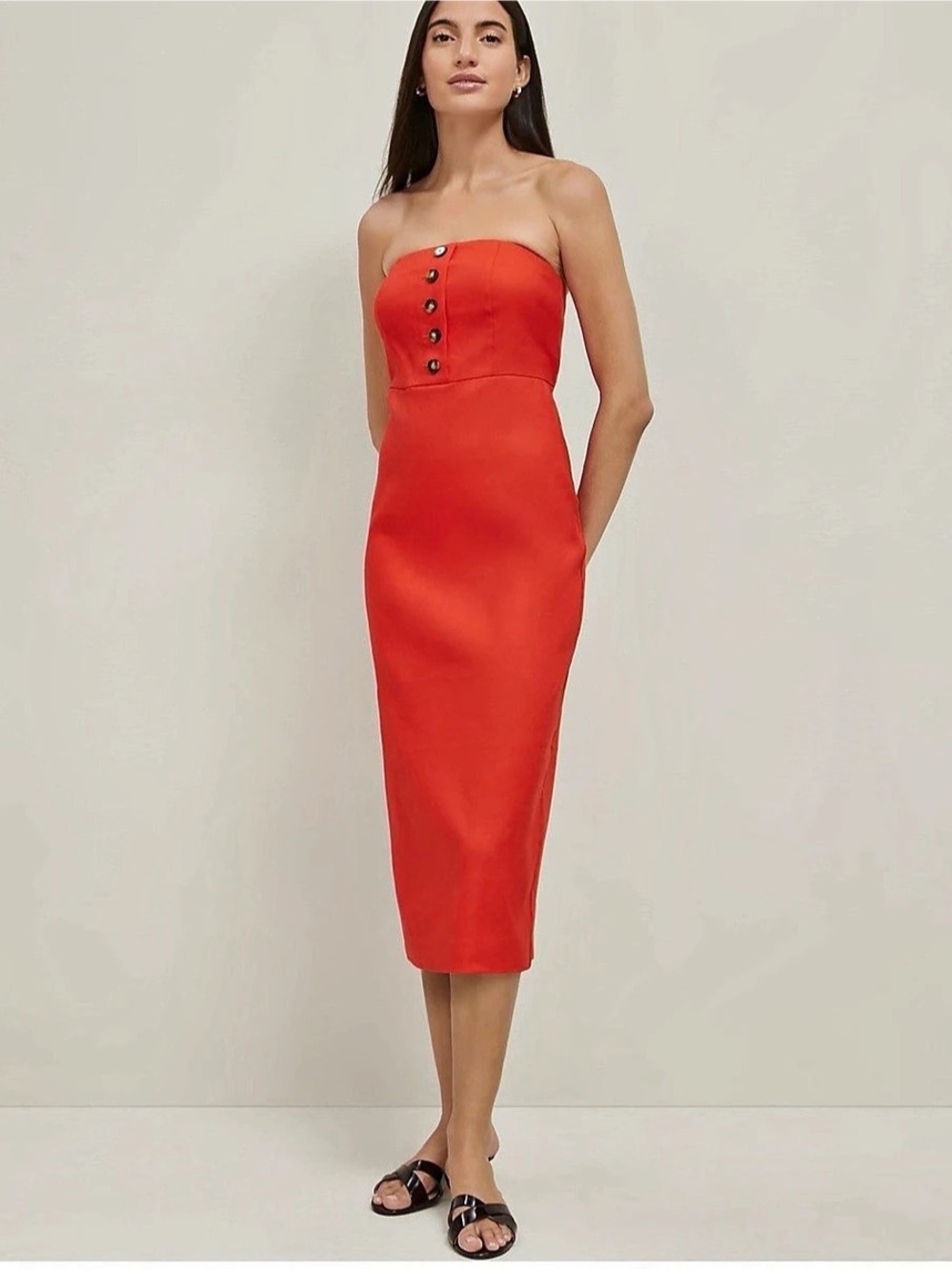 Ann Taylor Strapless Button Front Midi Linen Dress Red Size 12